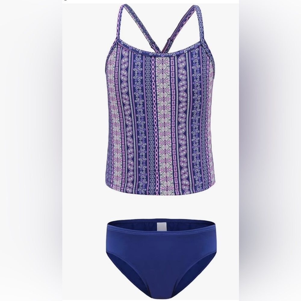 NWT Girls Two Piece Tankini Swimsuit Hawaiian Ruffle Swimwear Bathing Suit Set